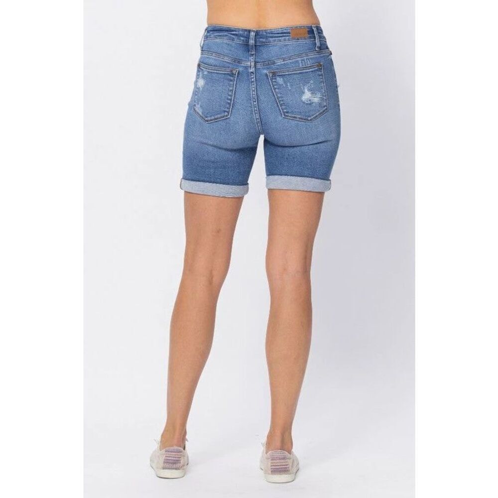 ✨Judy Blue Hi-Waist Mid-Length Distressed Sz Large Shorts✨ - Picture 3 of 7